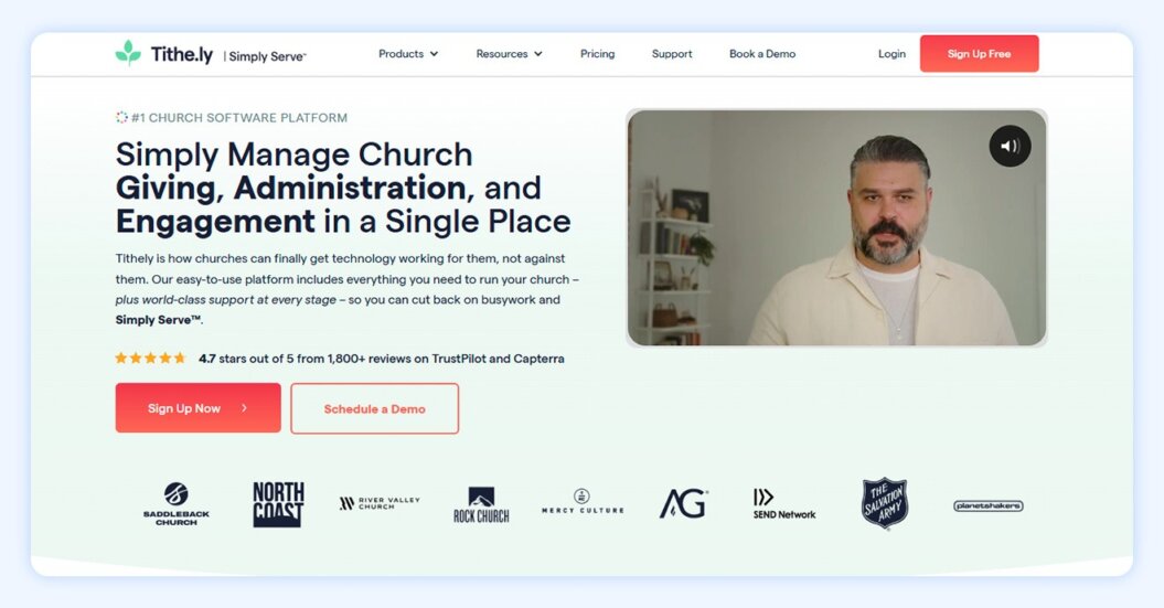 tithe.ly website with quote “simply manage church giving