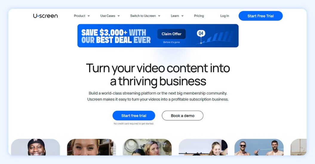 Uscreen website with quote “turn your video content into a thriving business”.]