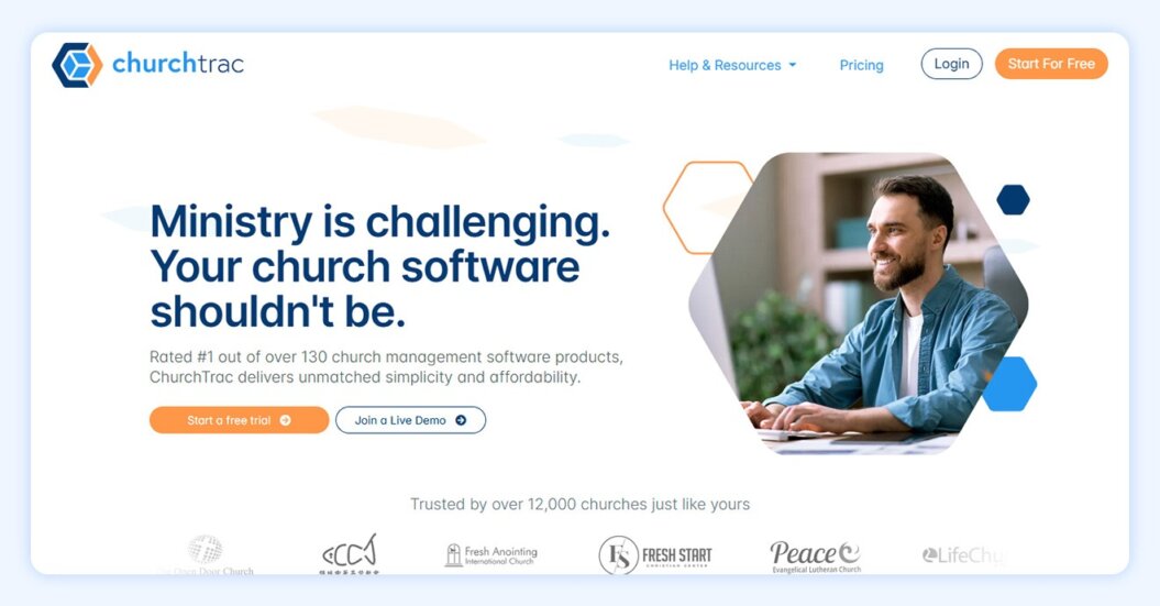 ChurchTrac website with quote “ministry i challenging. Your church software shouldn’t be