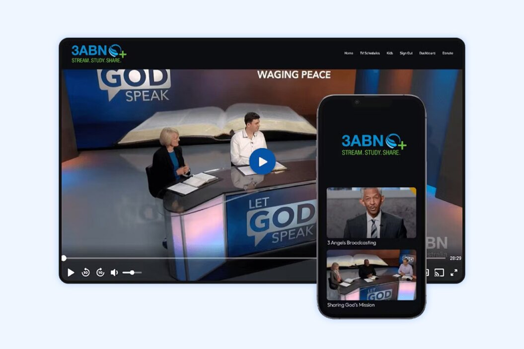 3ABN, a faith based streaming platform with a video playing on their website, and a screenshot of their mobile app overlaying it.
