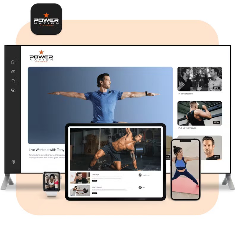 Powernation displayed on multiple device formats, including web, TV, mobile, and fitness watch.