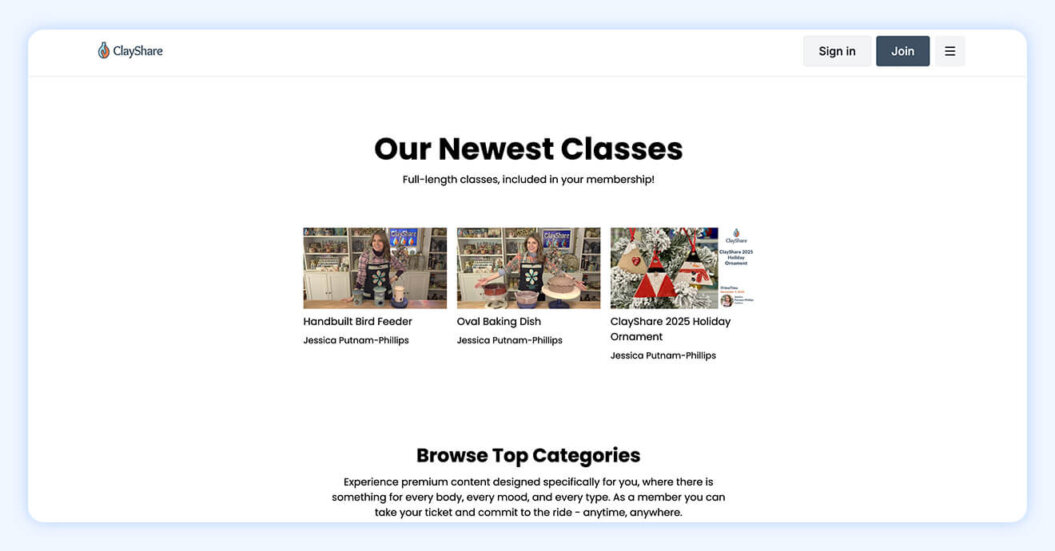 ClayShare class page with the text "full-legnth classes, included in your membership"