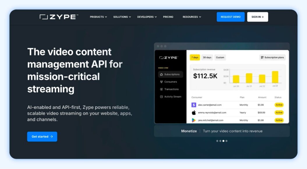 Zype homepage showing a visual of their platform and the copy “the video content management API for mission-critical streaming.