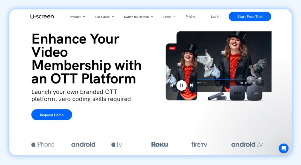 Uscreen homepage with tagline “enhance your video membership with an OTT platform”