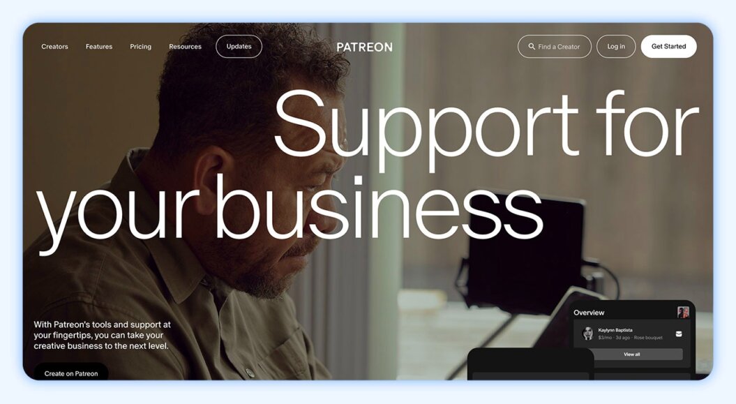 Patreon homepage with copy “support for your business"