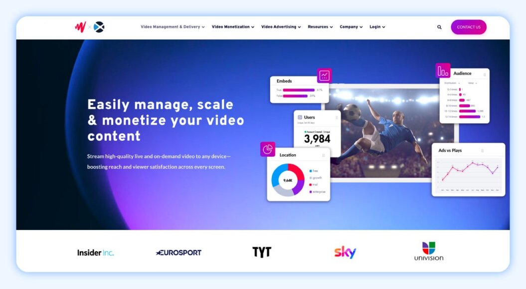 JW player homepage with copy “easily manage, scale & monetize your content."