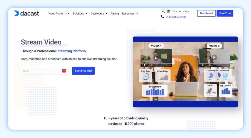 Dacast homepage with the copy “stream video through a professional streaming platform."