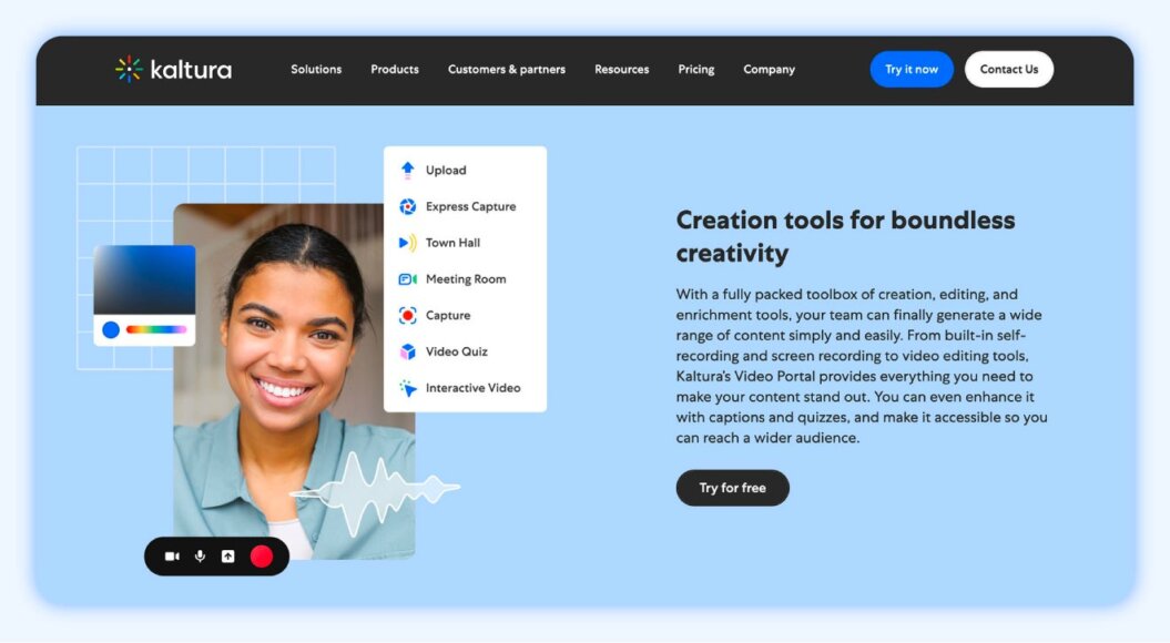 Kaltura homepage with copy “creation tools for boundless creativity."