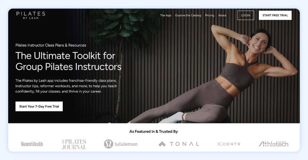 homepage for Pilates by Leah with copy “the ultimate toolkit for group pilates instructors.