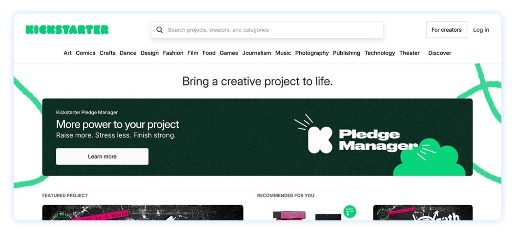 Kickstarter page with a kickstarter pledge manager banner and learn more button. 