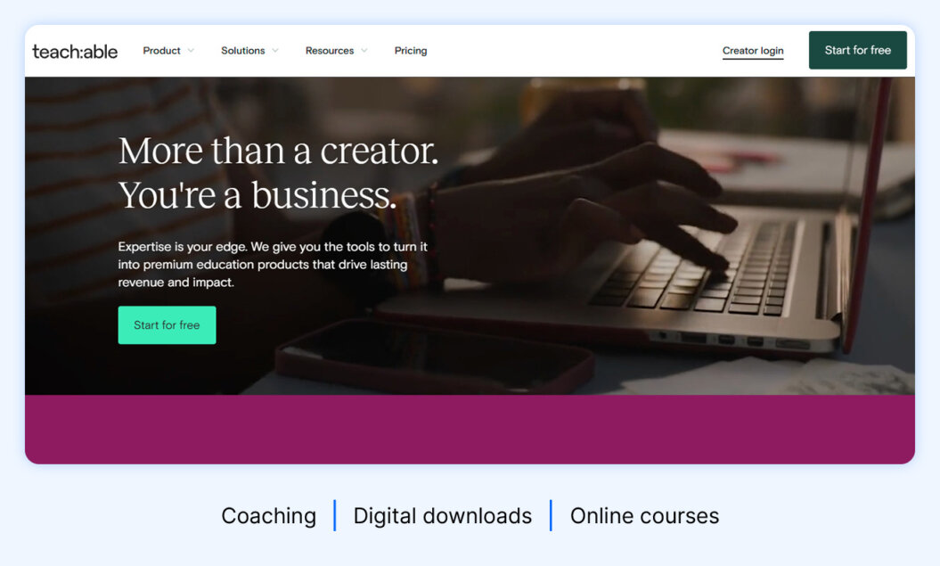 Teachable homepage featuring highlights like online courses, digital downloads, and coaching 