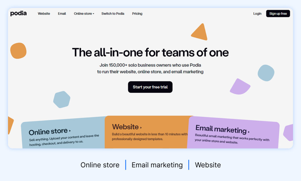 Podia website with highlights like online store, website, and email marketing