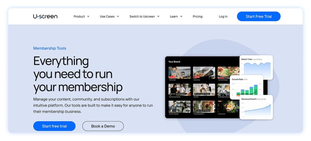 Uscreen homepage showing membership tools with text and a video dashboard promoting content, community, and subscription management.