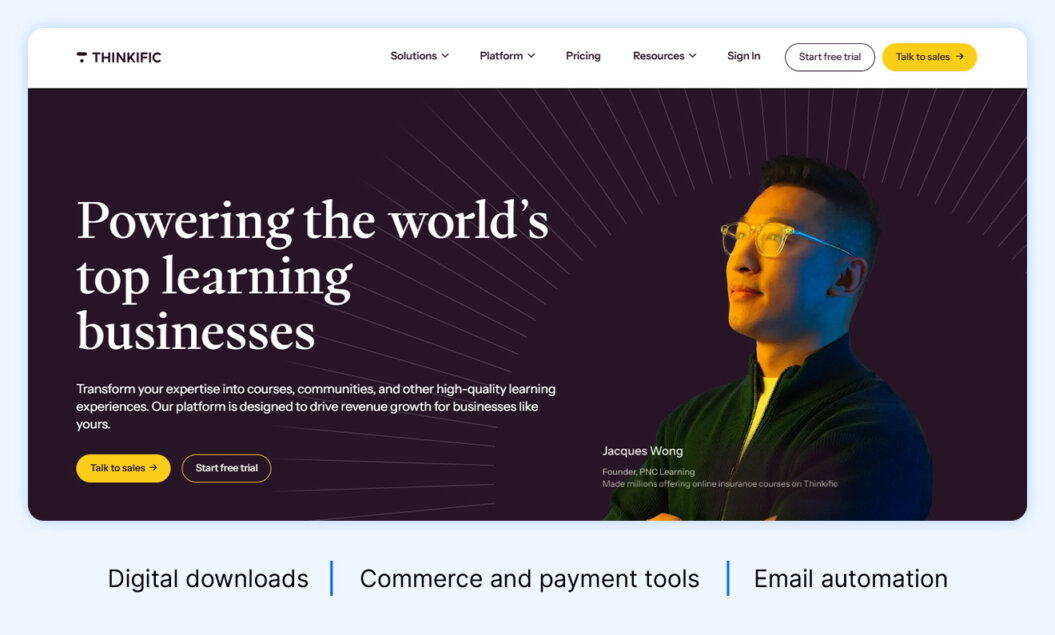 Thinkific homepage with highlights like commerce and payment tools, digital downloads, and email automation 