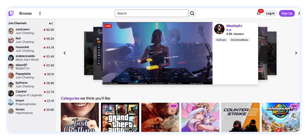Twitch homepage showing a variety of live channels and a “categories we think you’ll like” section. 