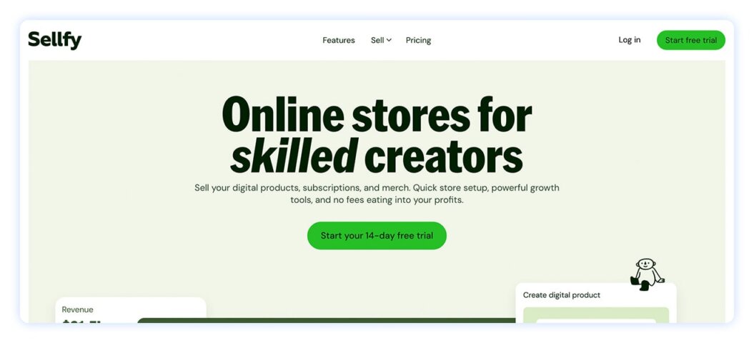 Sellfy homepage with quote "online stores for skilled creators"