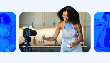 Content creator cooking in a kitchen in front of a camera with stylized blue video effects.