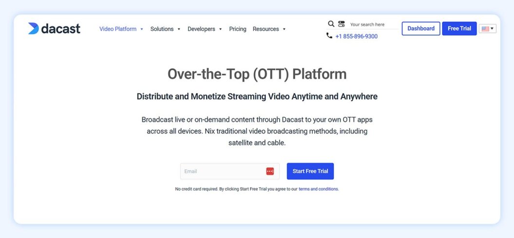 Dacast homepage with copy “over the top (OTT) platform, distribute and monetize streaming video anytime and anywhere