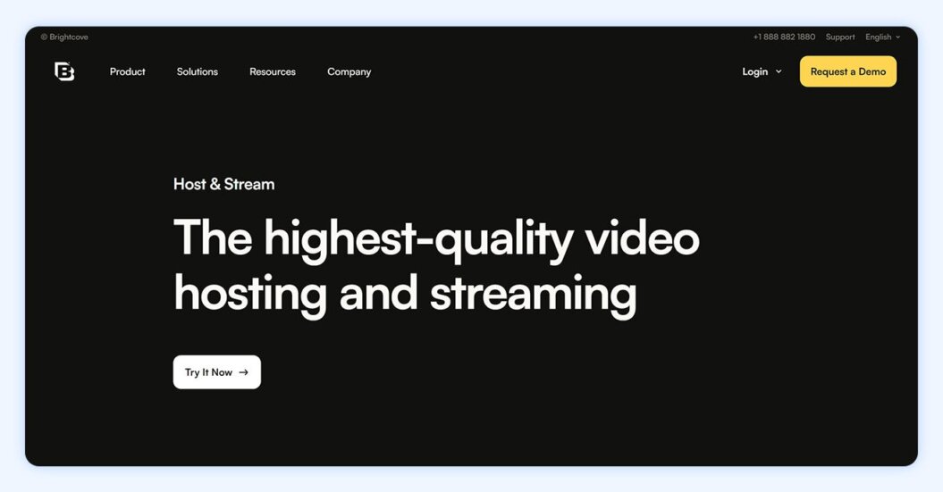Brightcove homepage with copy “the highest quality video hosting and streaming.