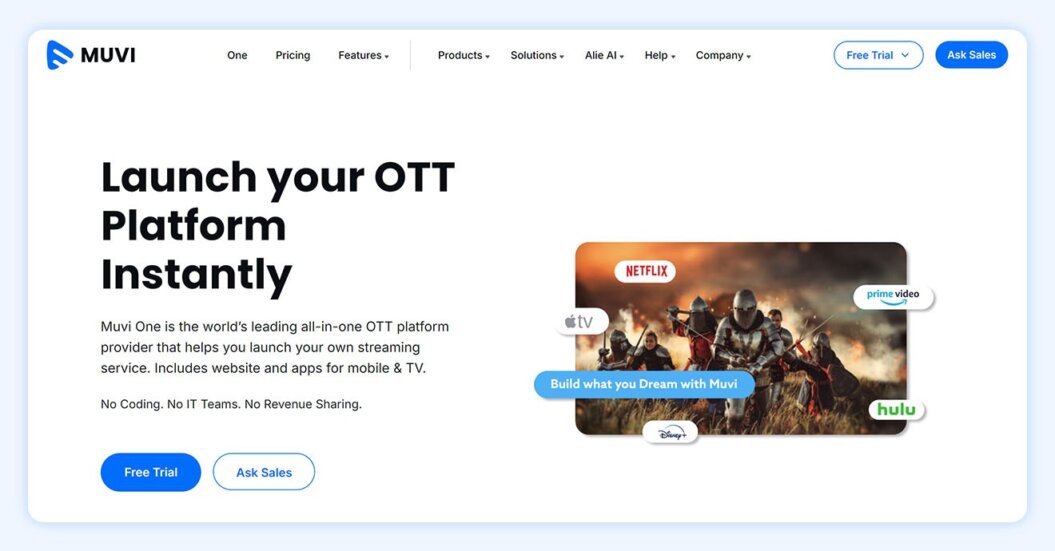 Muvi homepage with copy “launch your ott platform instantly.