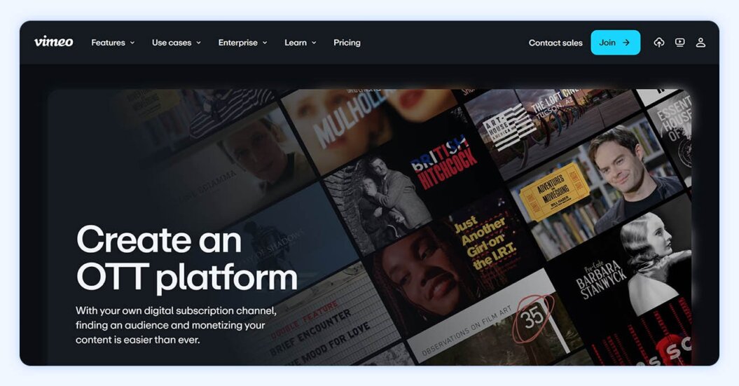 Vimeo homepage with copy “create an OTT platform with your own digital subscription channel"