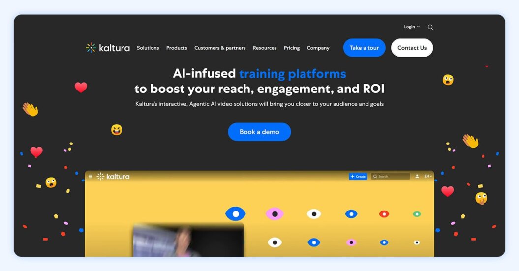 Kaltura homepage with copy “AI-infused training platforms to boost your reach, engagement, and ROI."