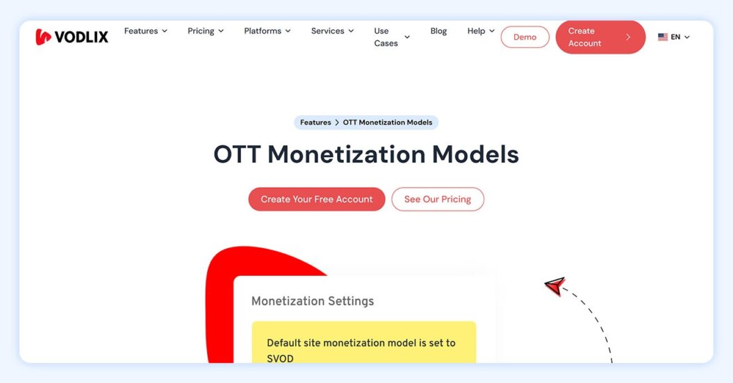 Vodlix homepage with copy “OTT monetization models” and “see our pricing"