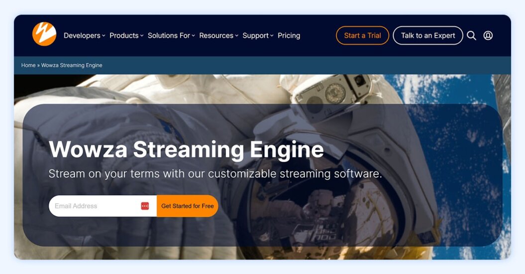 Wowza homepage with copy “stream on your terms with our customizable streaming software."
