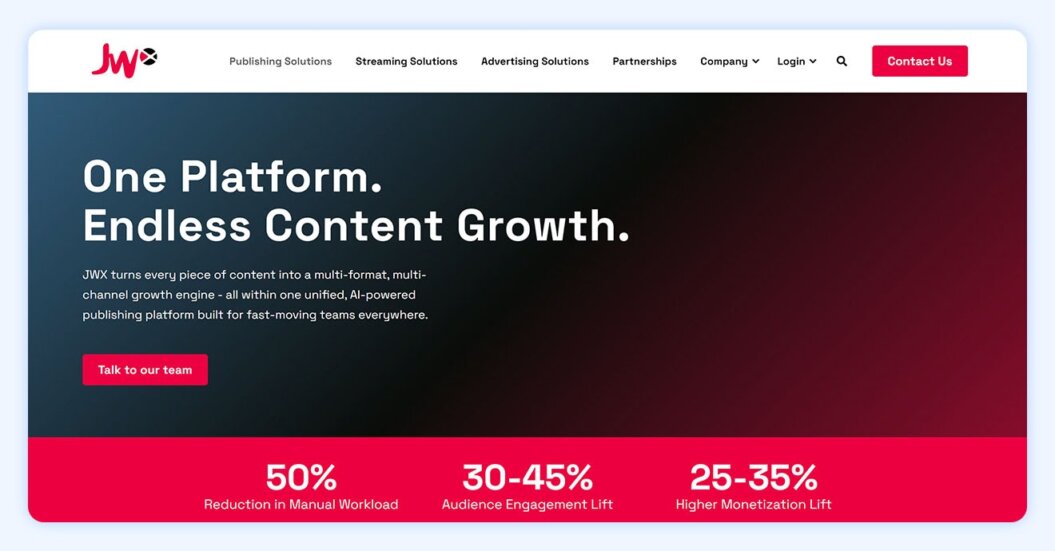 JW player homepage with copy “one platform. Endless content growth"