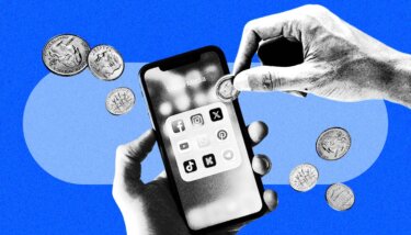 A blue backdrop with one hand holding a phone showing apps while the other hand is holding a coin.