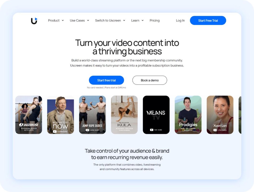Uscreen homepage with copy "turn your video content into a thriving business"