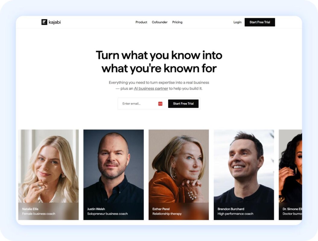 Kajabi screenshot with copy "turn what you know into what you're known for"