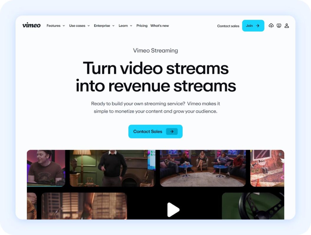 Vimeo streaming screenshot: turn video streams into revenue streams