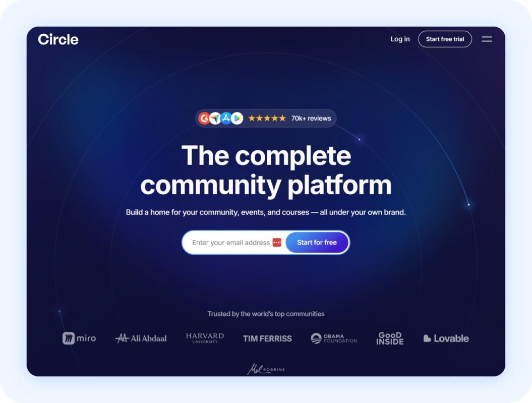 Circle.so membership dashboard and highlight callouts like community spaces, membership tiers, and monetization.