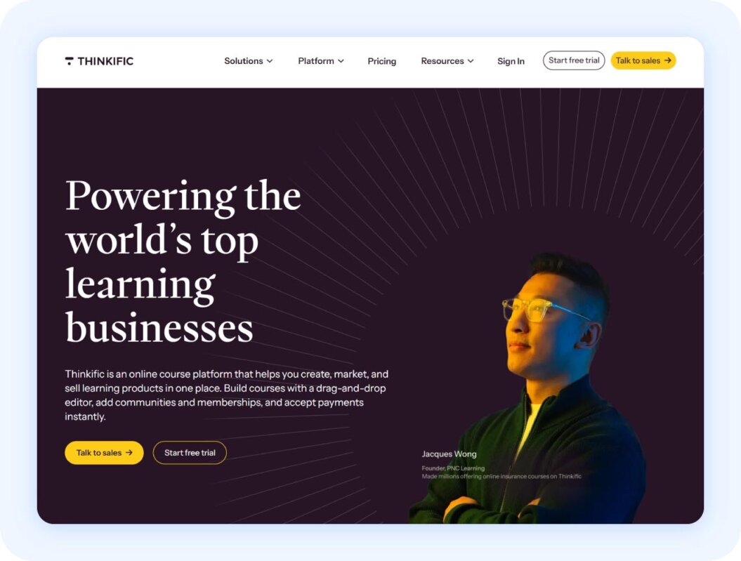 Thinkific homepage with copy "powering the world's top learning business" 