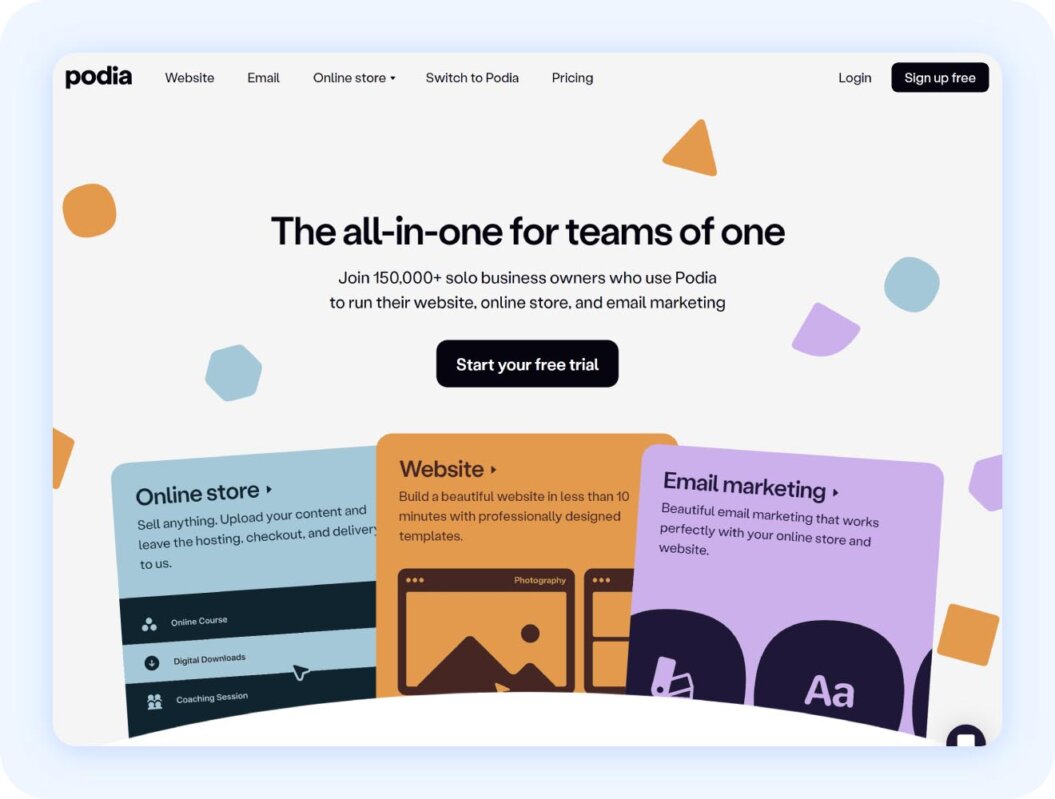 Podia homepage with copy "the all-in-one for teams of one"