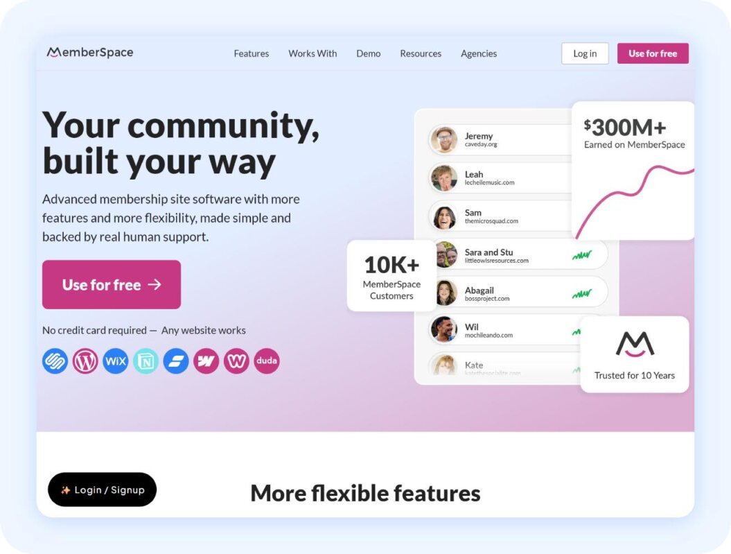 Memberspace homepage with buttton: "use for free"