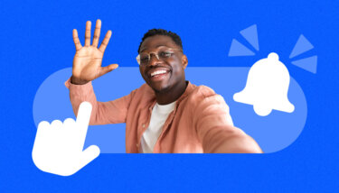 Content creator talking to camera with stylized blue and white engagement icons like clicks.