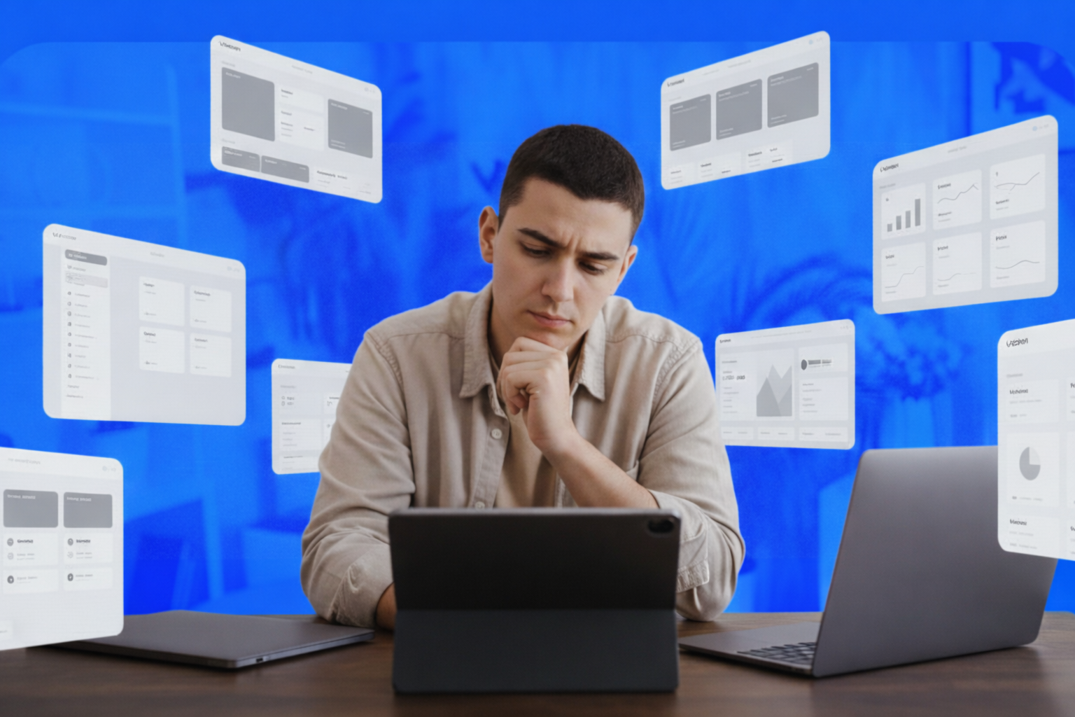 man sitting at computer building a business