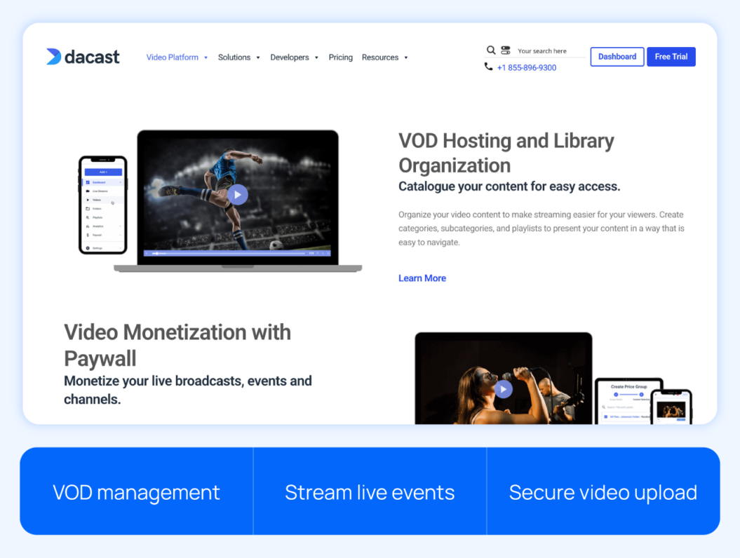 Dacast VOD hosting page with highlights like VOD management, stream live events, and OTT platform