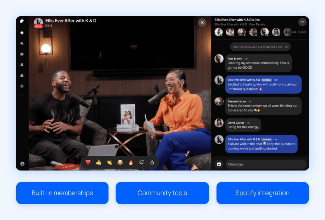 Patreon creator dashboard showing highlights like built-in memberships, community tools, Spotify integration 