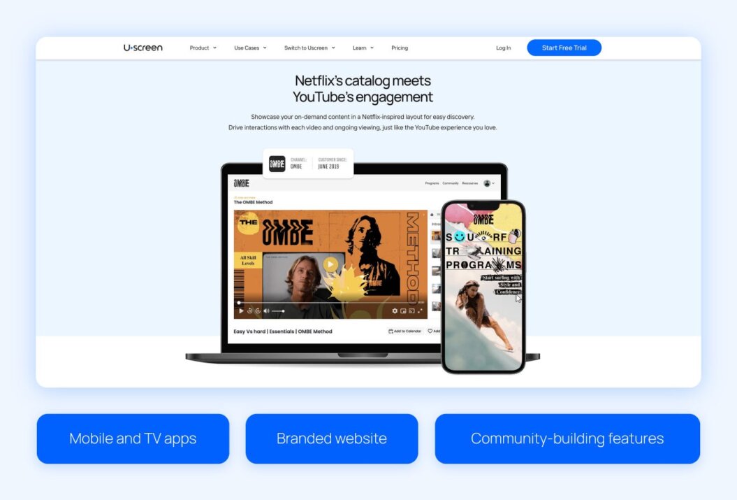 Uscreen customer Ombre homepage and highlights like mobile and TV apps, branded website, and community-building features. 