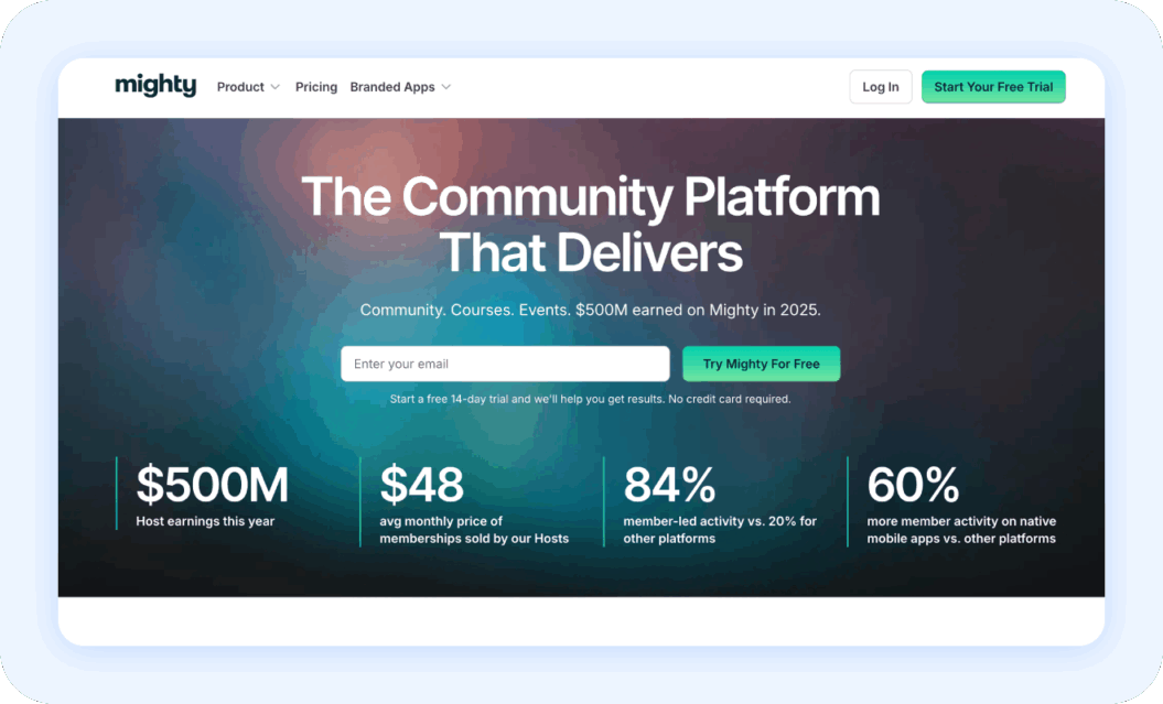 Mighty Networks homepage with the text: The community platform that delivers.