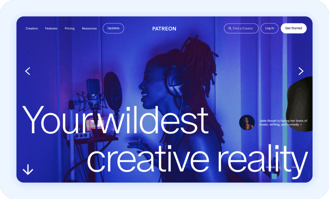 Patreon homepage with text: Your wildest creative reality