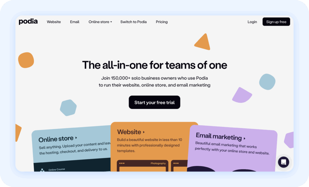 Podia homepage with the text: The all-in-one for teams of one.