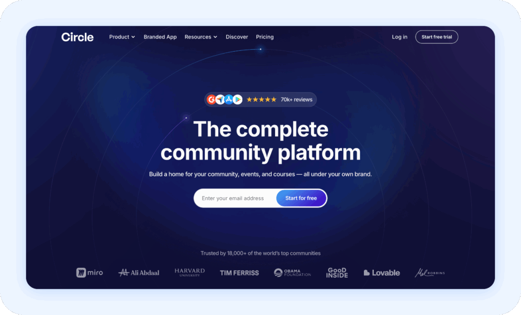 Circle homepage with the text: The complete community platform