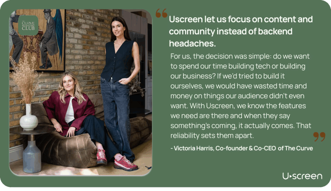 Quote from The Curve: Uscreen let us focus on content and community instead of backend headaches.