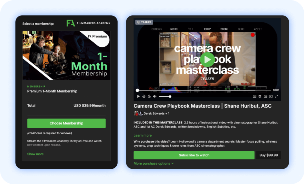 Filmmakers academy membership page and individual camera crew purchase page.
