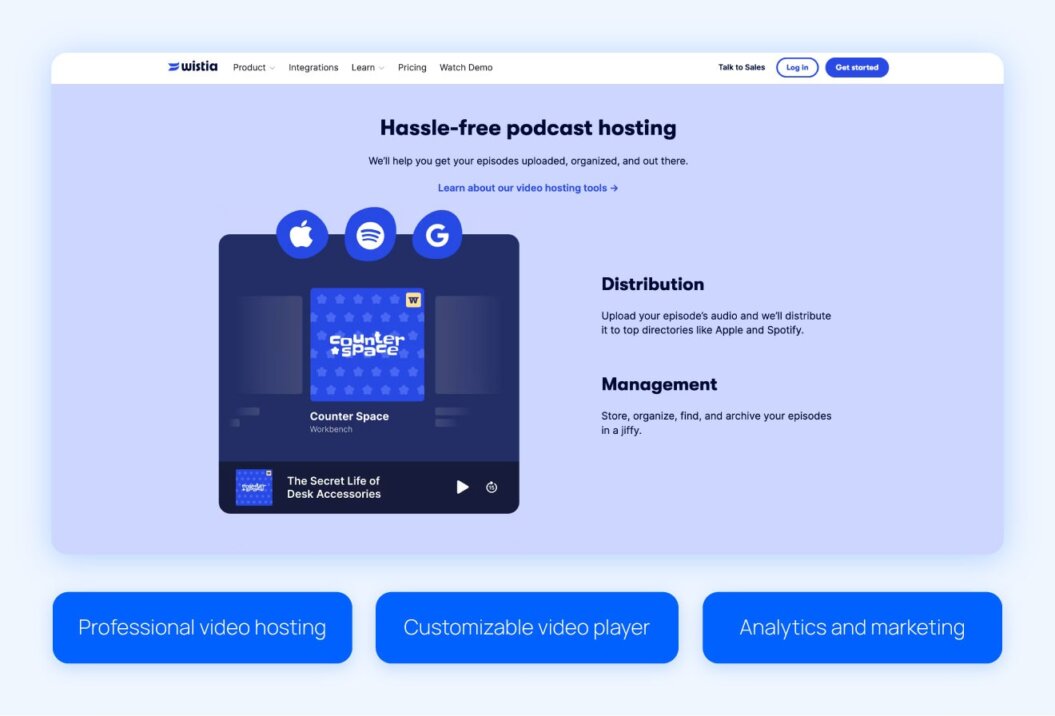 Wistia platform and highlights like professional video hosting, customizable video player, and analytics and marketing