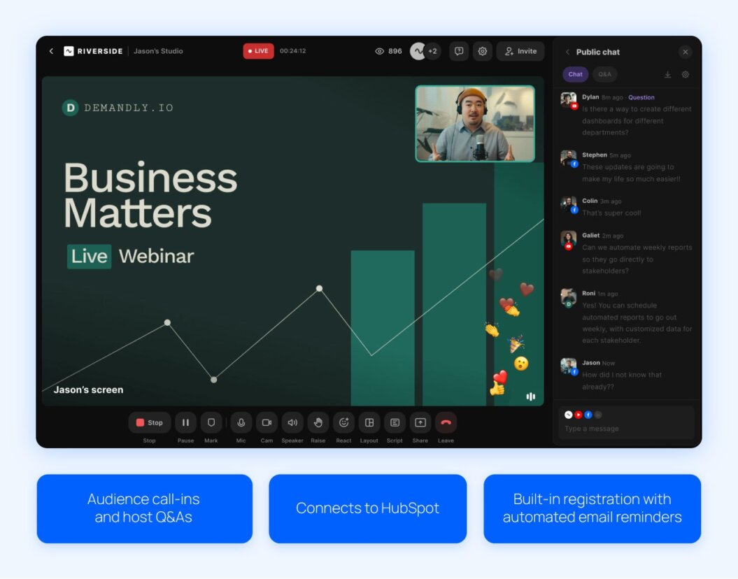 riverside platform and highlights like audience call-ins and host Q&As, connect to HubSpot, and built-in registration with automated email reminders